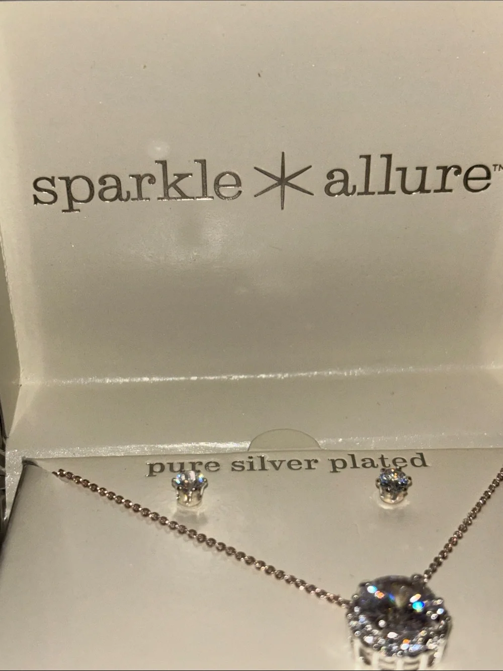 Silver-Plated Cubic Zirconia Pendant Necklace and Studs - White - Picture 3 of 3